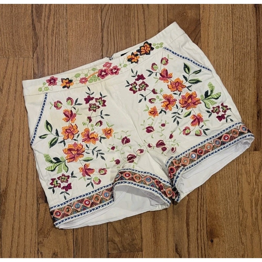 Boho Embroidered Floral Cotton Shorts Cottagecore Festival White Size 12